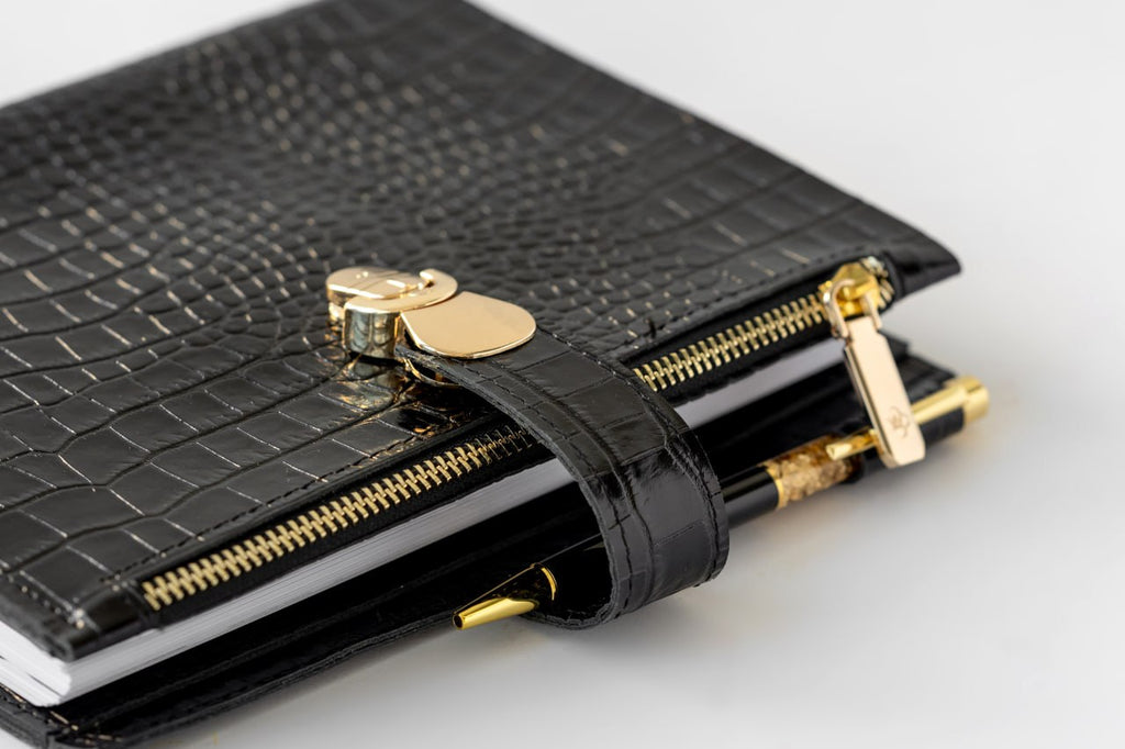 Black leather notebook cover A5 for documents A4 and A5 format.