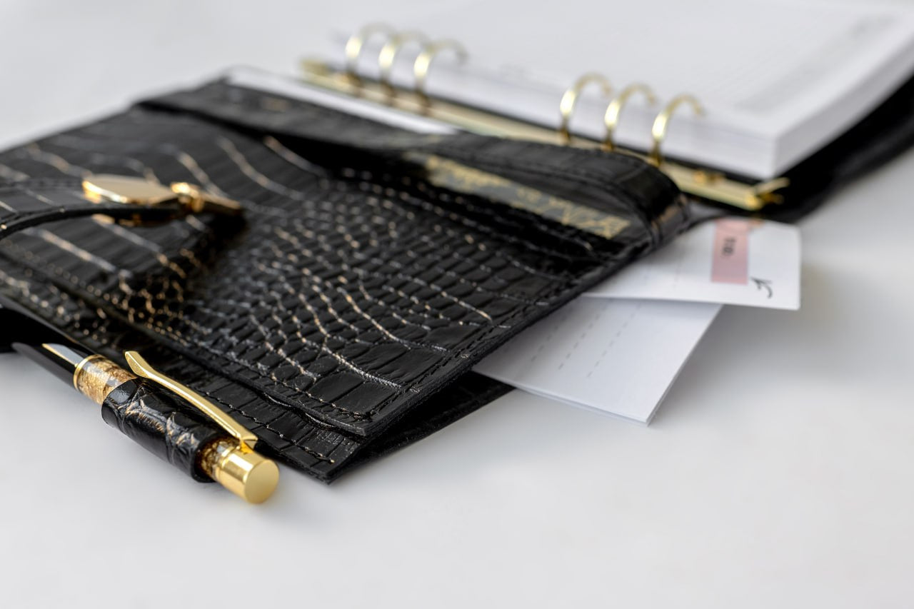 Black leather notebook cover A5 for documents A4 and A5 format.