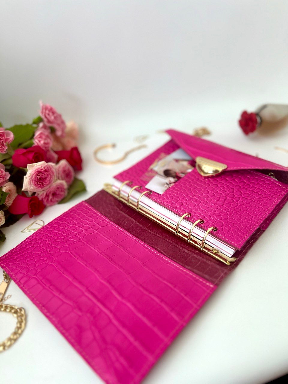 Pink leather notebook cover A5.