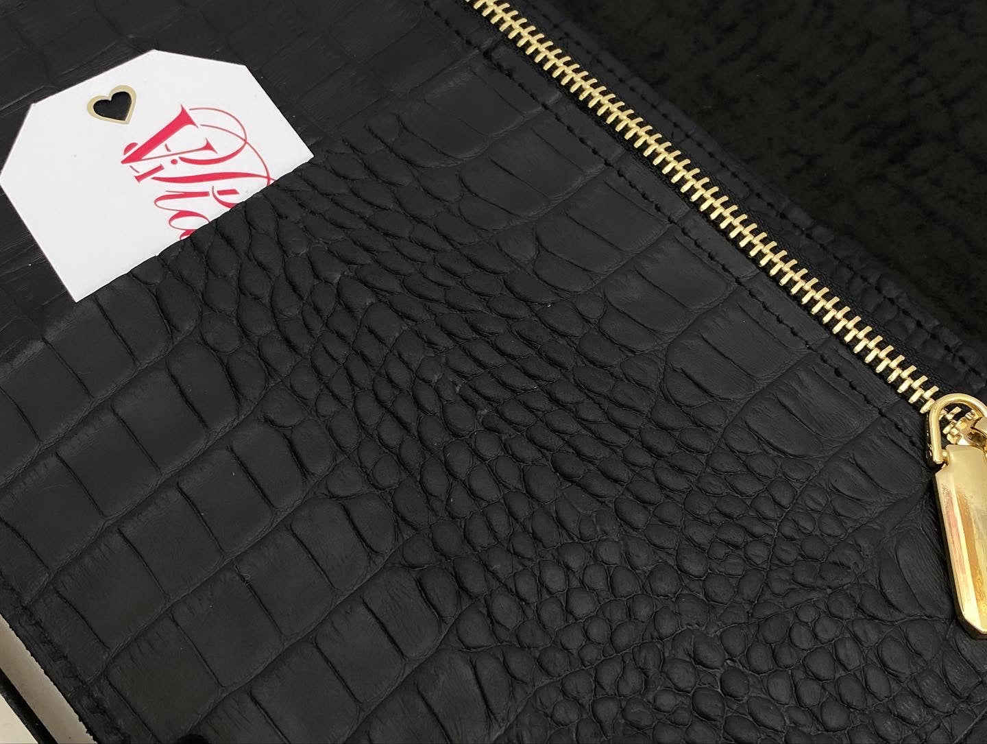 Very black matte croco leather. Format A5.