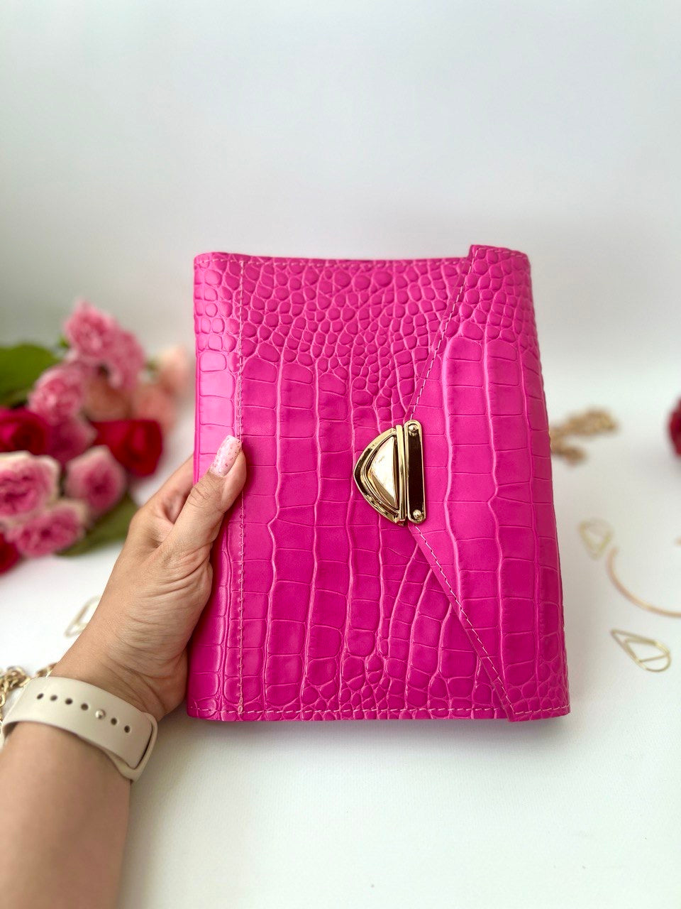Pink leather notebook cover A5.