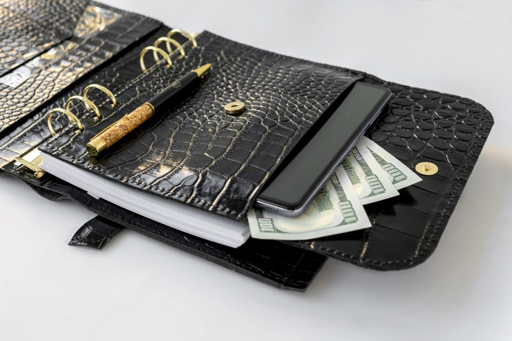 Black leather notebook cover A5 for documents A4 and A5 format.