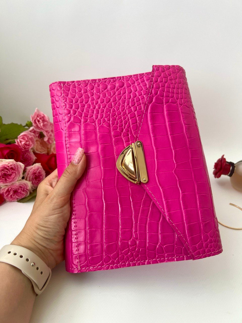 Pink leather notebook cover A5.