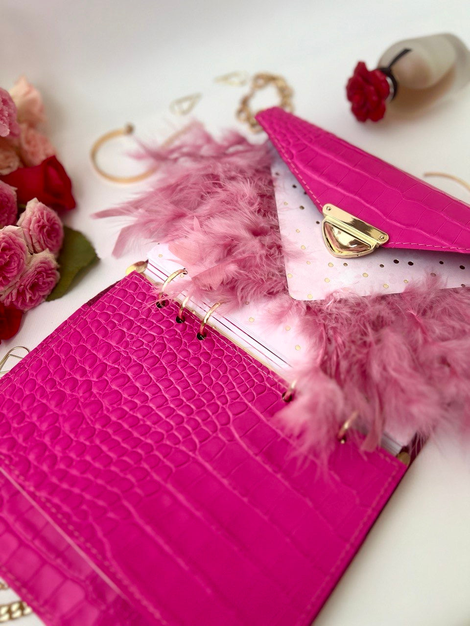 Pink leather notebook cover A5.