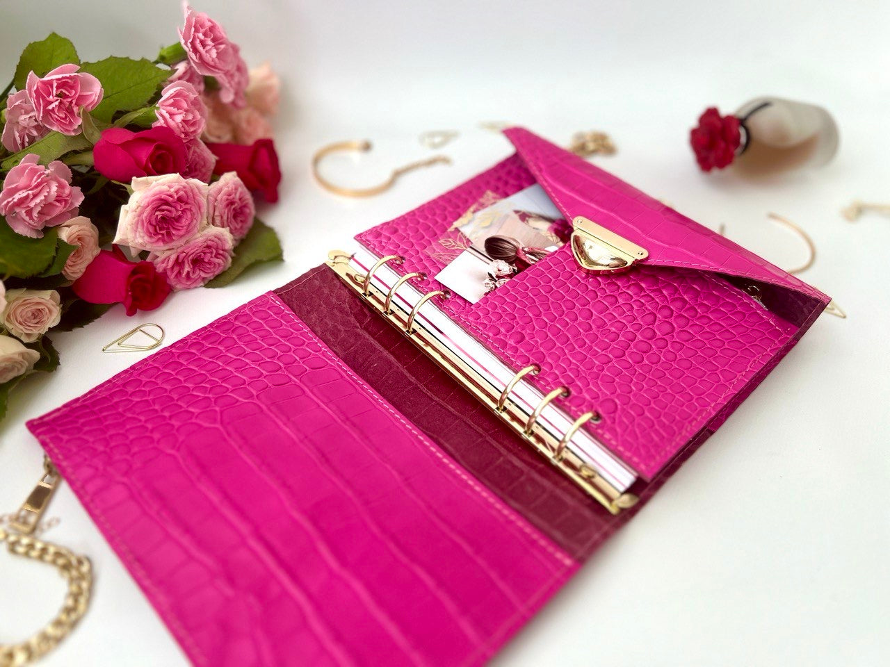 Pink leather notebook cover A5.