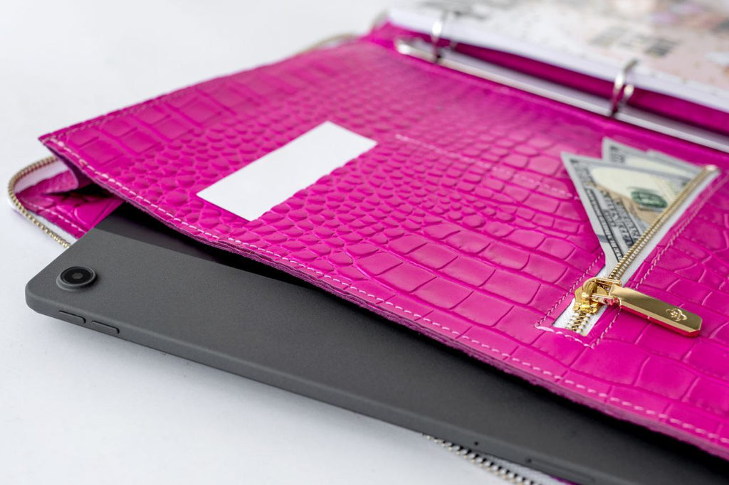 Pink Business Padfolio- Leather Writing Folder A4 with card holder - Tracker - Leather Document Folder - A4 - Zipper- Leather 4 ring binder