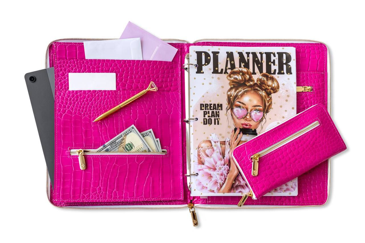 Pink Business Padfolio- Leather Writing Folder A4 with card holder - Tracker - Leather Document Folder - A4 - Zipper- Leather 4 ring binder