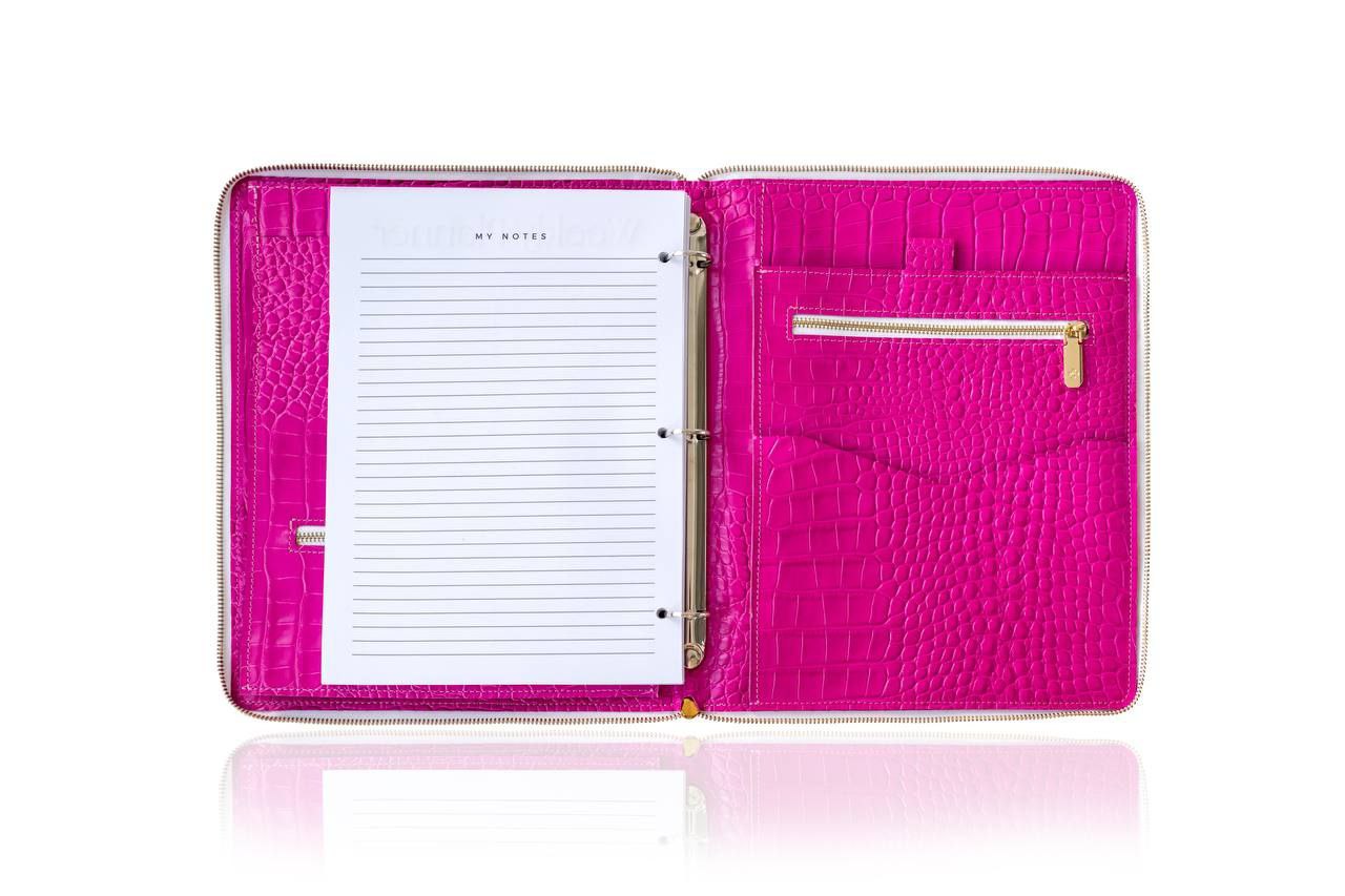Pink Business Padfolio- Leather Writing Folder A4 with card holder - Tracker - Leather Document Folder - A4 - Zipper- Leather 4 ring binder