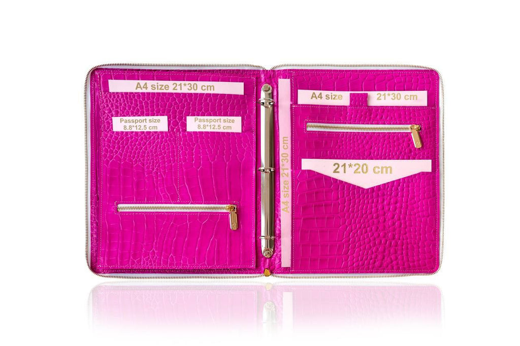 Pink Business Padfolio- Leather Writing Folder A4 with card holder - Tracker - Leather Document Folder - A4 - Zipper- Leather 4 ring binder