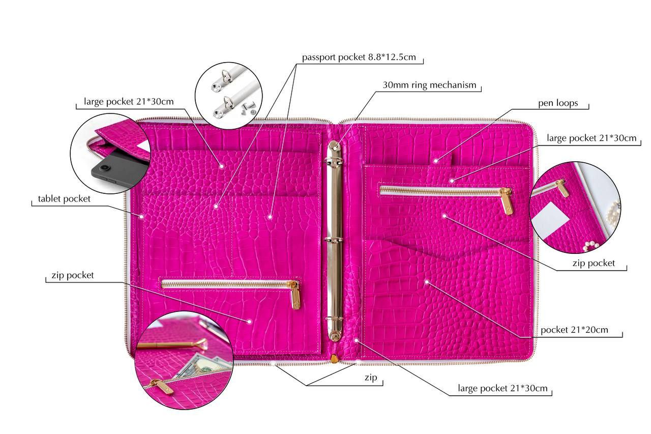 Pink Business Padfolio- Leather Writing Folder A4 with card holder - Tracker - Leather Document Folder - A4 - Zipper- Leather 4 ring binder