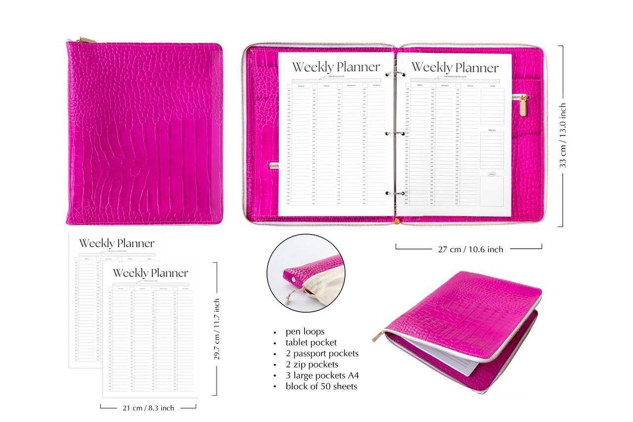 Pink Business Padfolio- Leather Writing Folder A4 with card holder - Tracker - Leather Document Folder - A4 - Zipper- Leather 4 ring binder