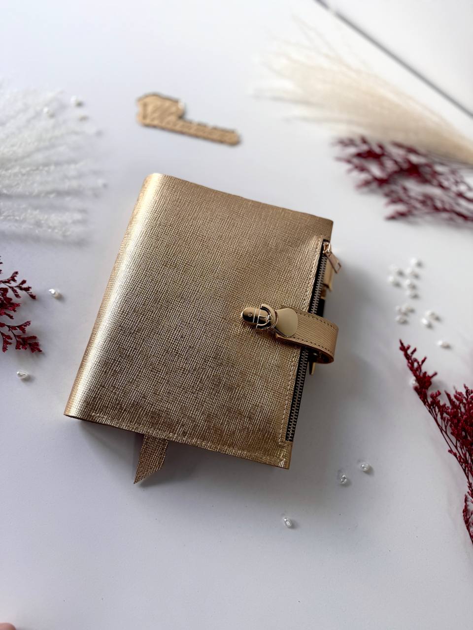 Gold leather notebook cover A5. Natural Italian Leather gold Planner A5.