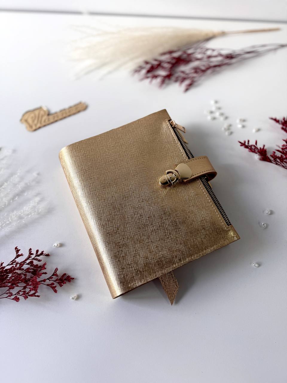 Gold leather notebook cover A5. Natural Italian Leather gold Planner A5.