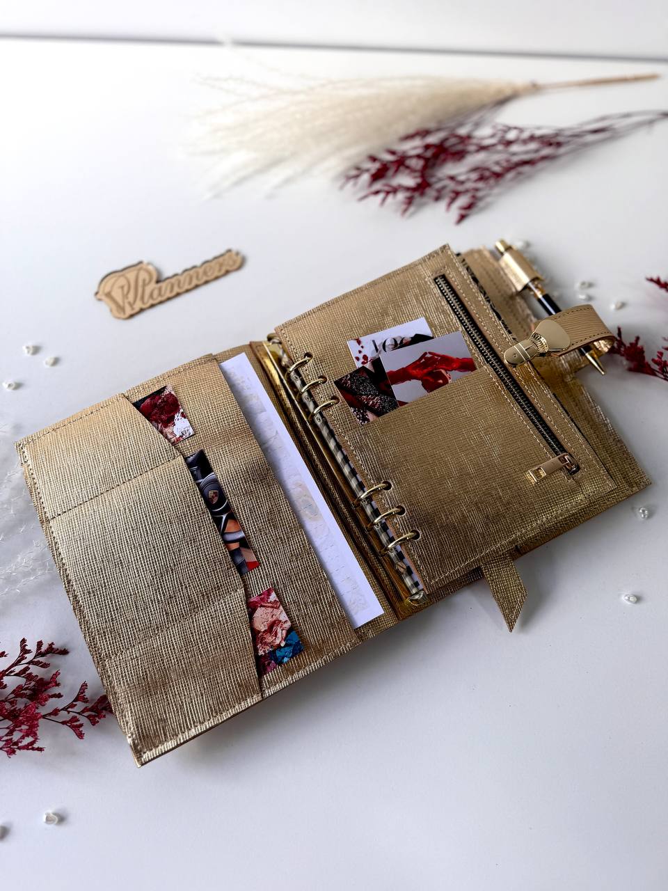 Gold leather notebook cover A5. Natural Italian Leather gold Planner A5.