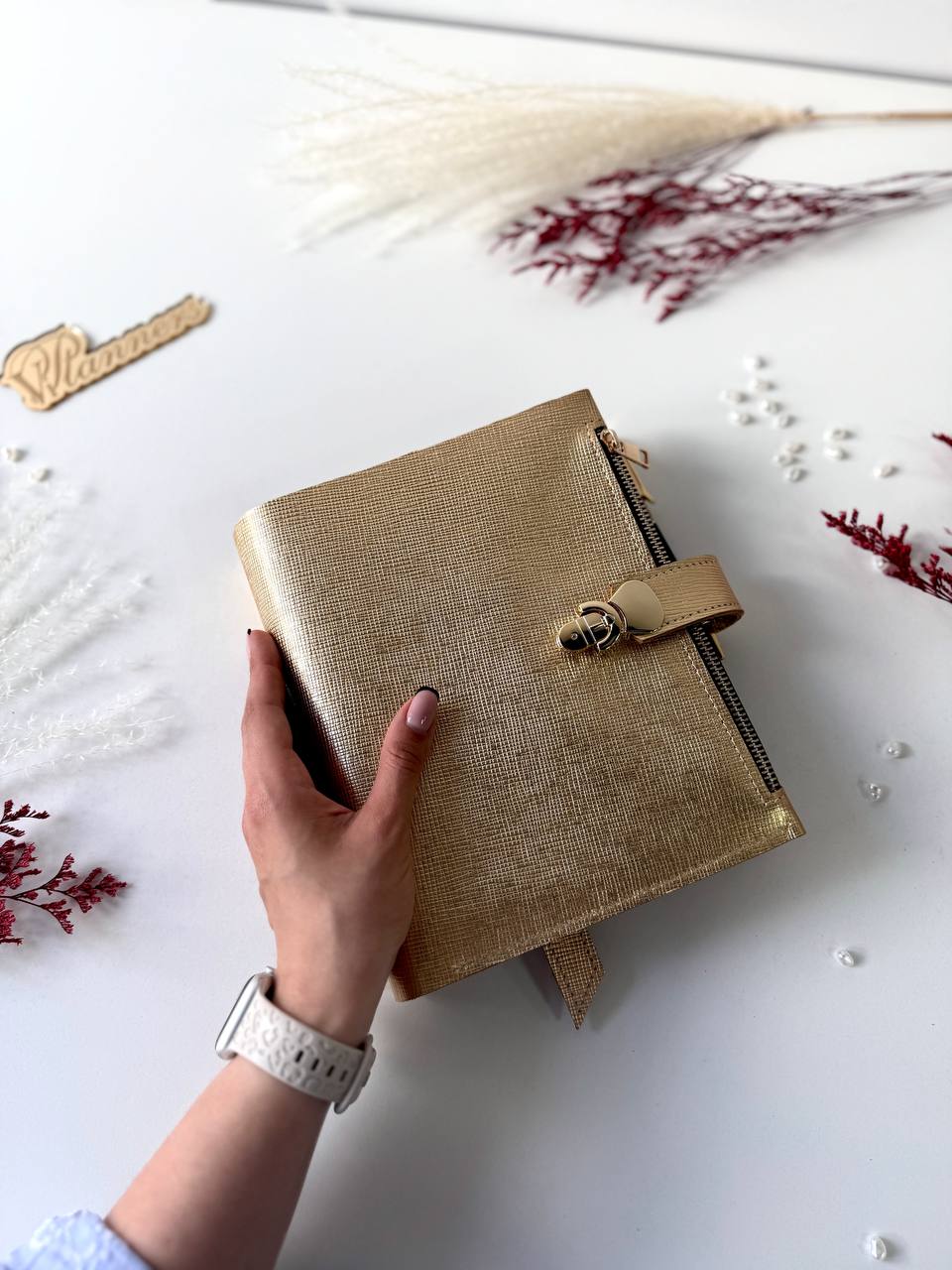 Gold leather notebook cover A5. Natural Italian Leather gold Planner A5.