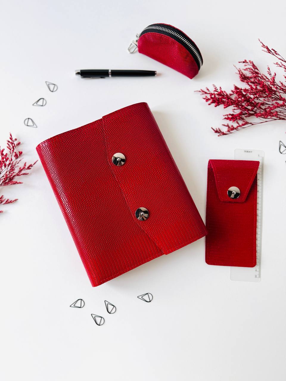 Leather Red Gift set notebook cover A5 with pencil case and mini case.