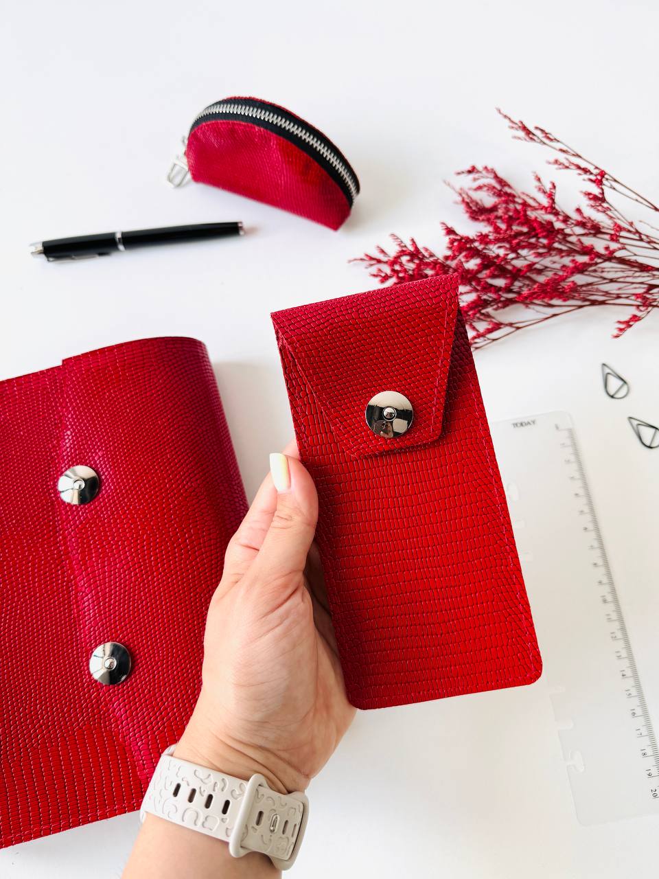 Leather Red Gift set notebook cover A5 with pencil case and mini case.