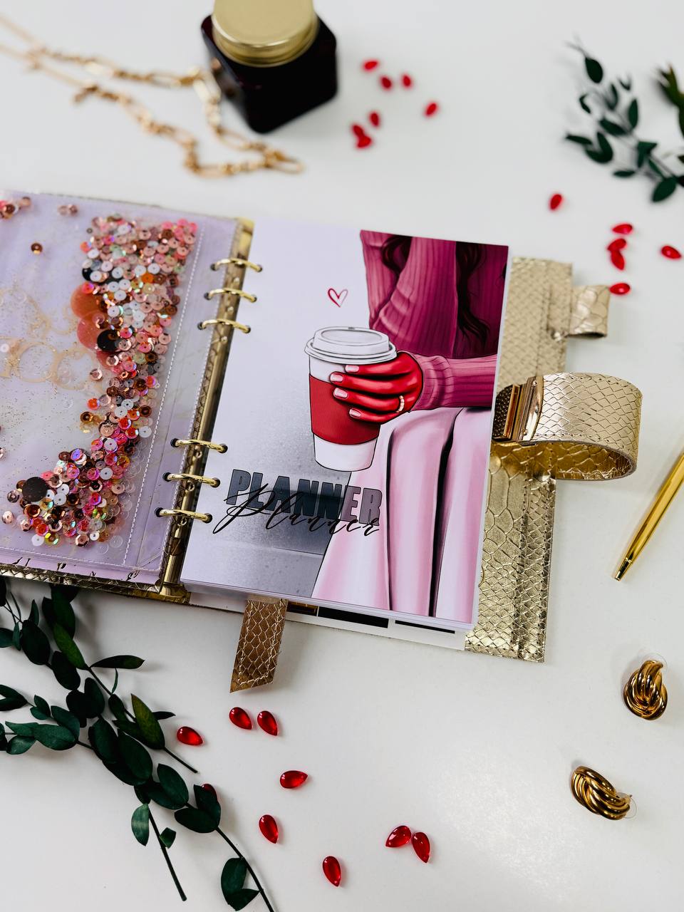 Gold leather planner binder A5.