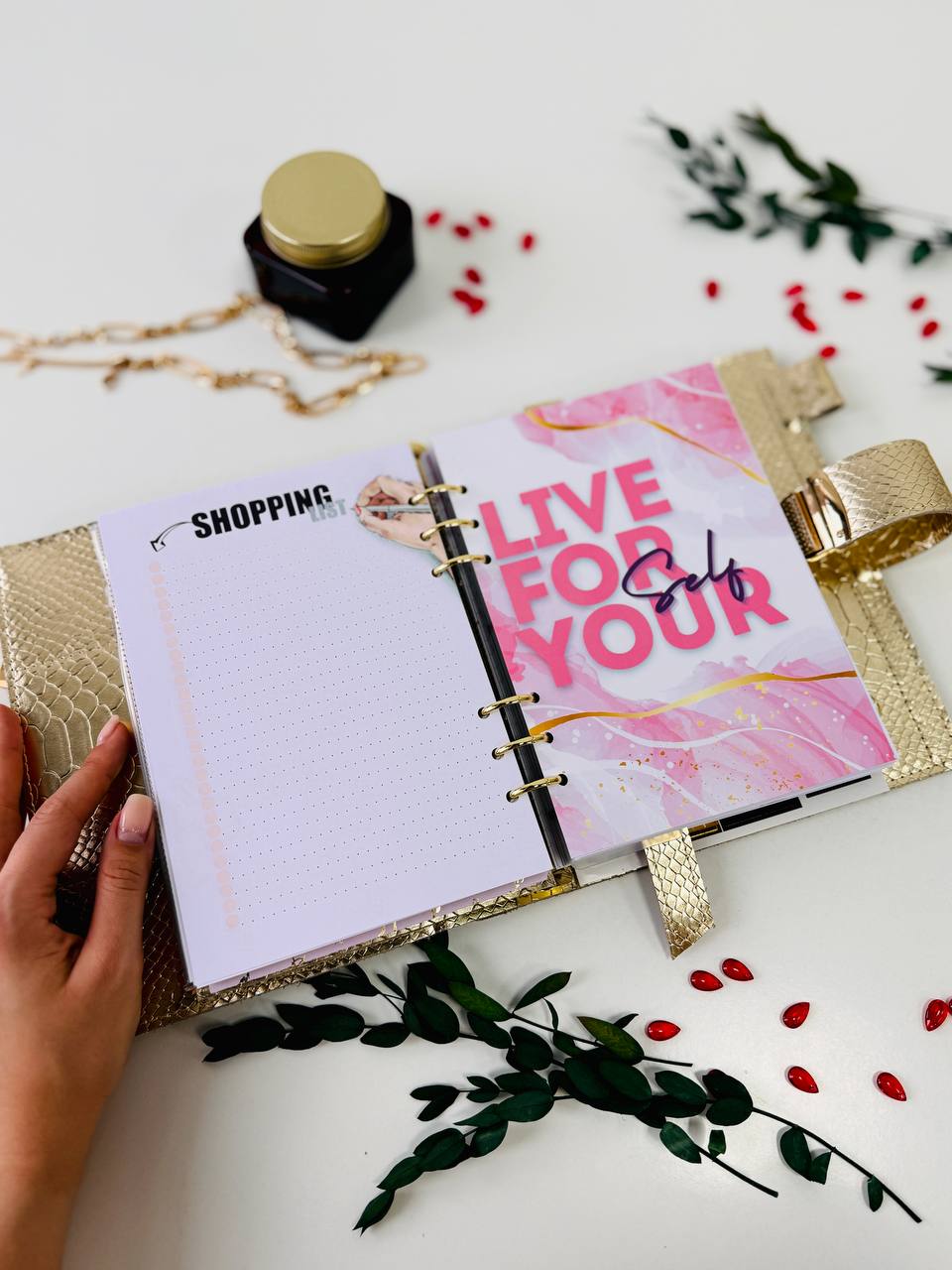Gold leather planner binder A5.