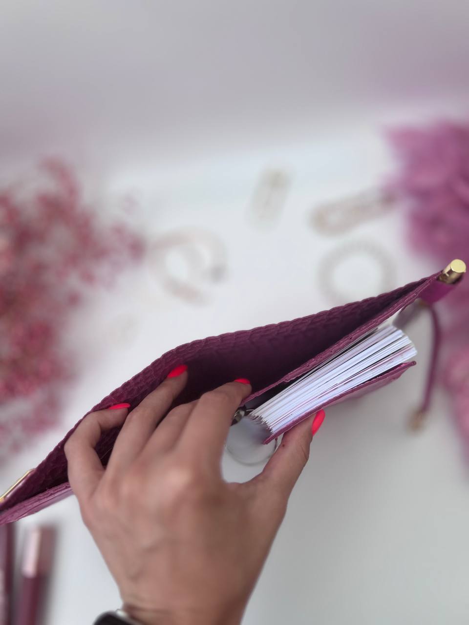 Hot pink leather notebook cover A7 mini wallet planner.