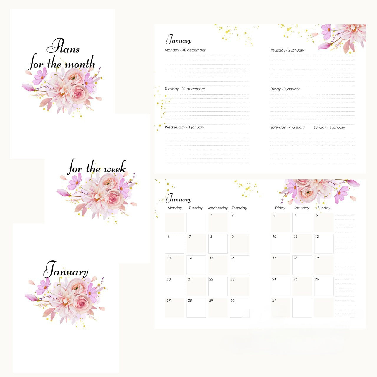 Dated 2026 weekly planner pages. Printed planner pages, size A5.