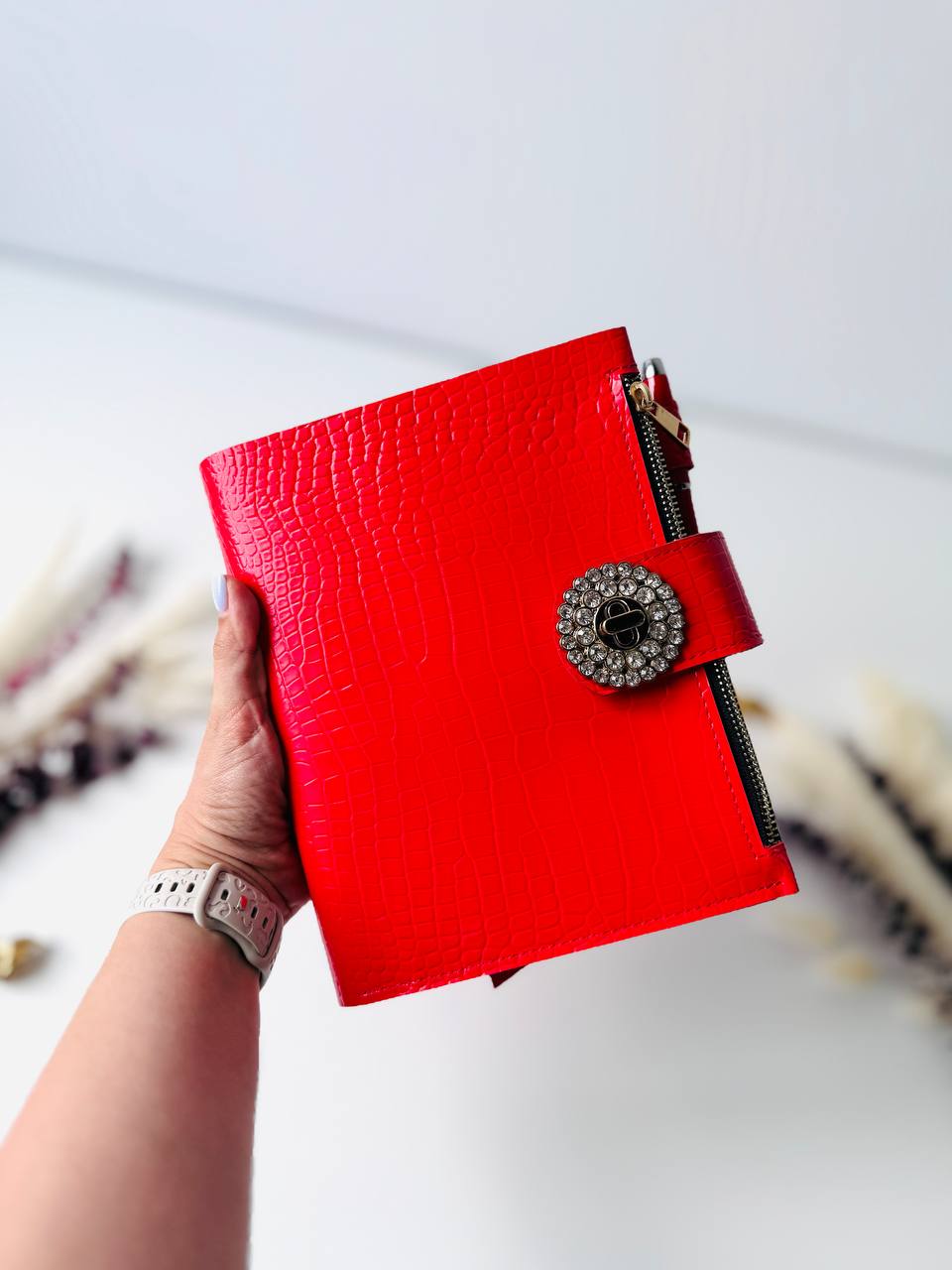 Orange-red leather planner binder A5.