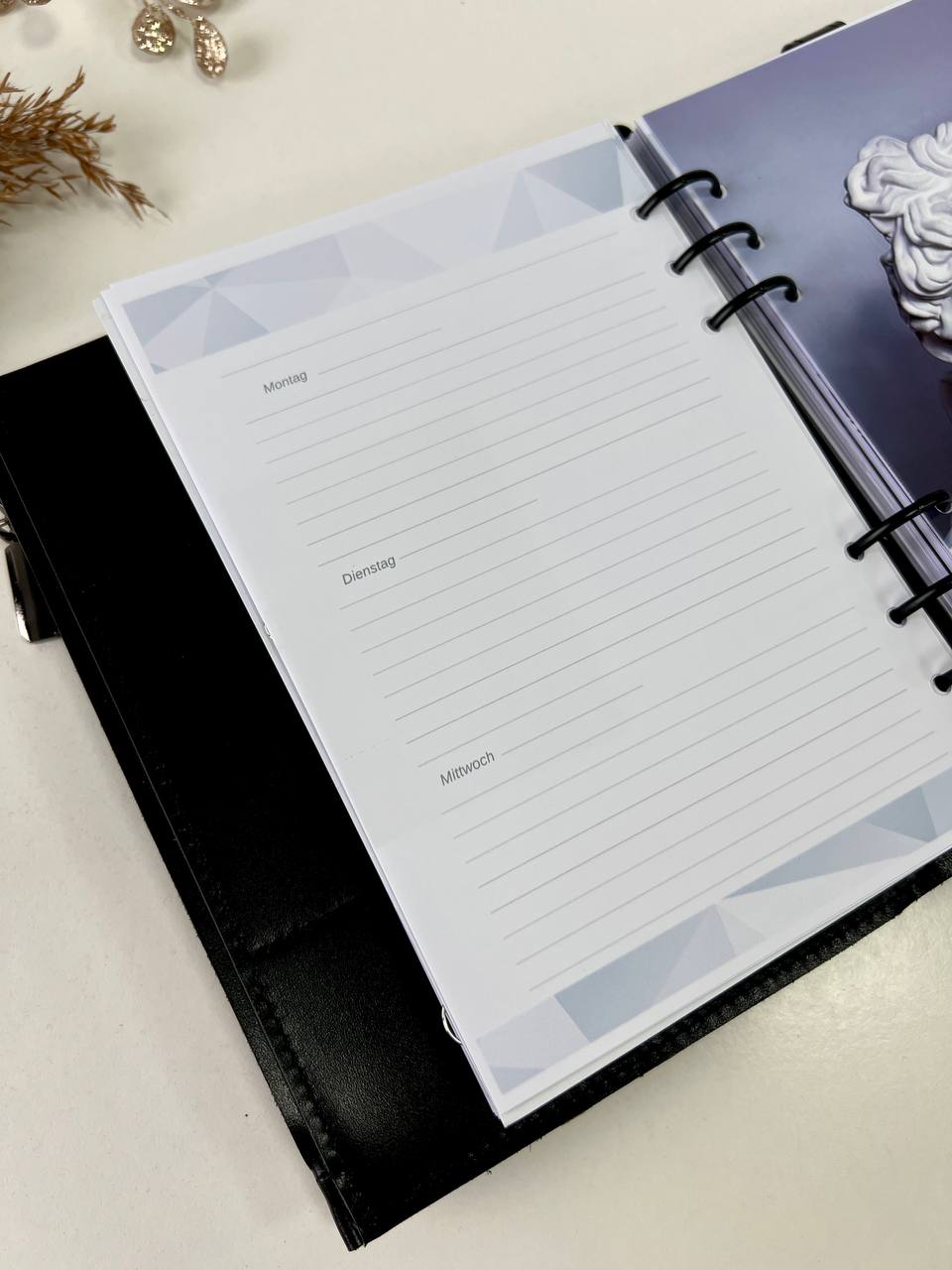 Black Natural Leather Planner A5 binder 6 rings, black classic leather notebook cover with binder 6 rings for documents format A4 and A5.