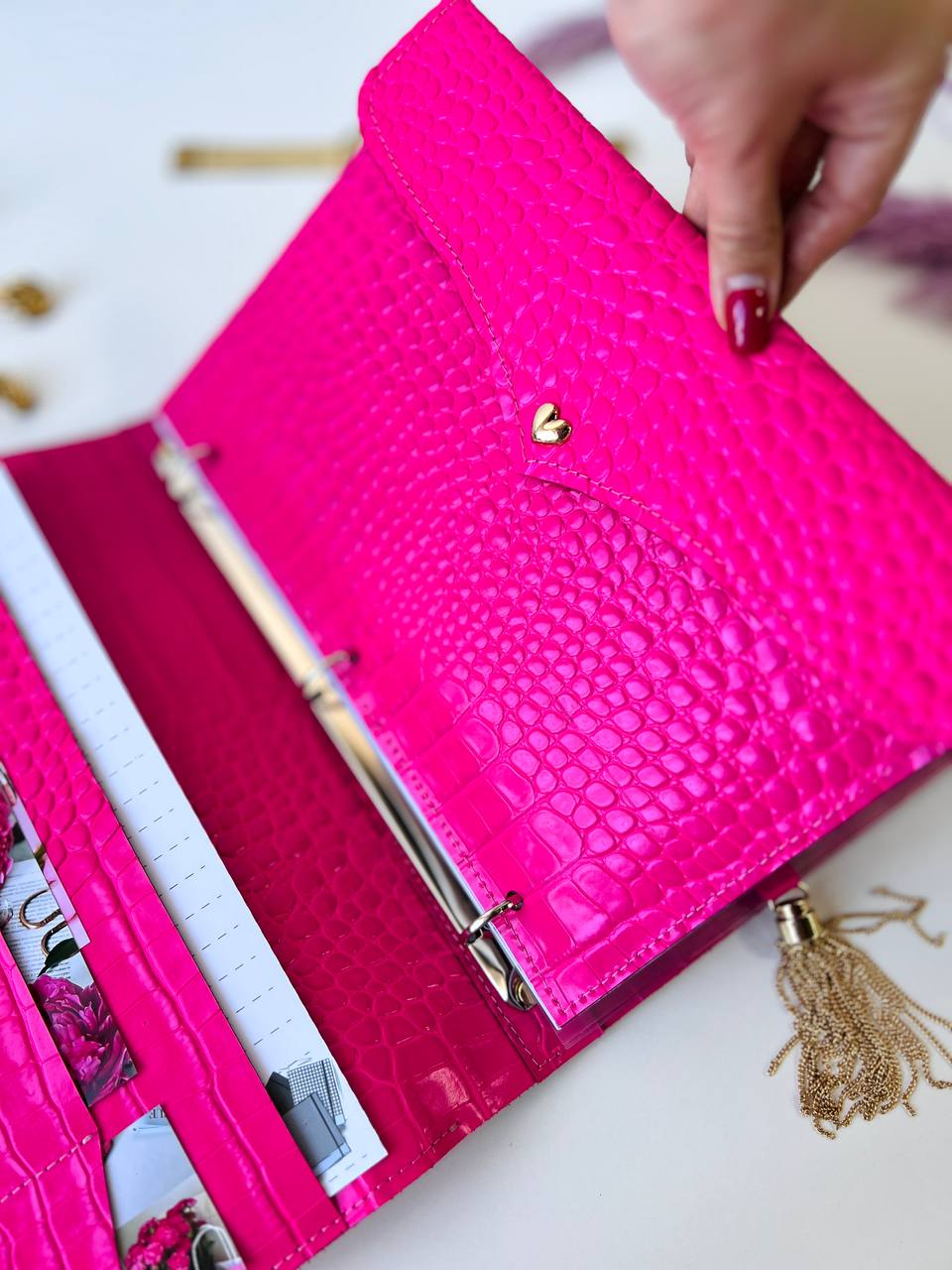 A4 leather notebook cover. Padfolio. Portfolio. A4 size with binder and pages padfolio planner. Leather hot pink.