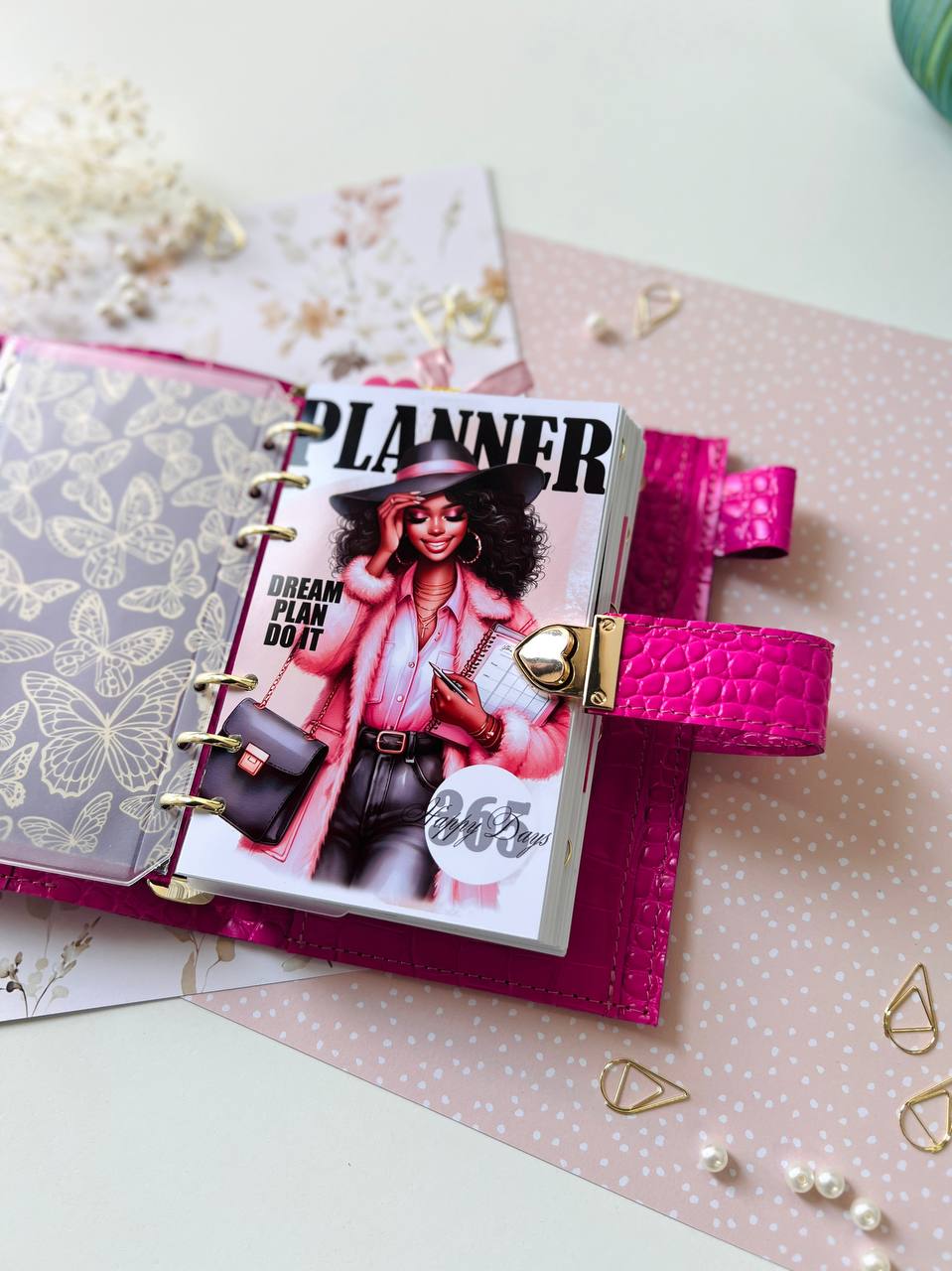 English language A6 NEW SIZE leather hot pink double planner cover binder 6 rings binder, leather planner, gift for her, medium size planner.