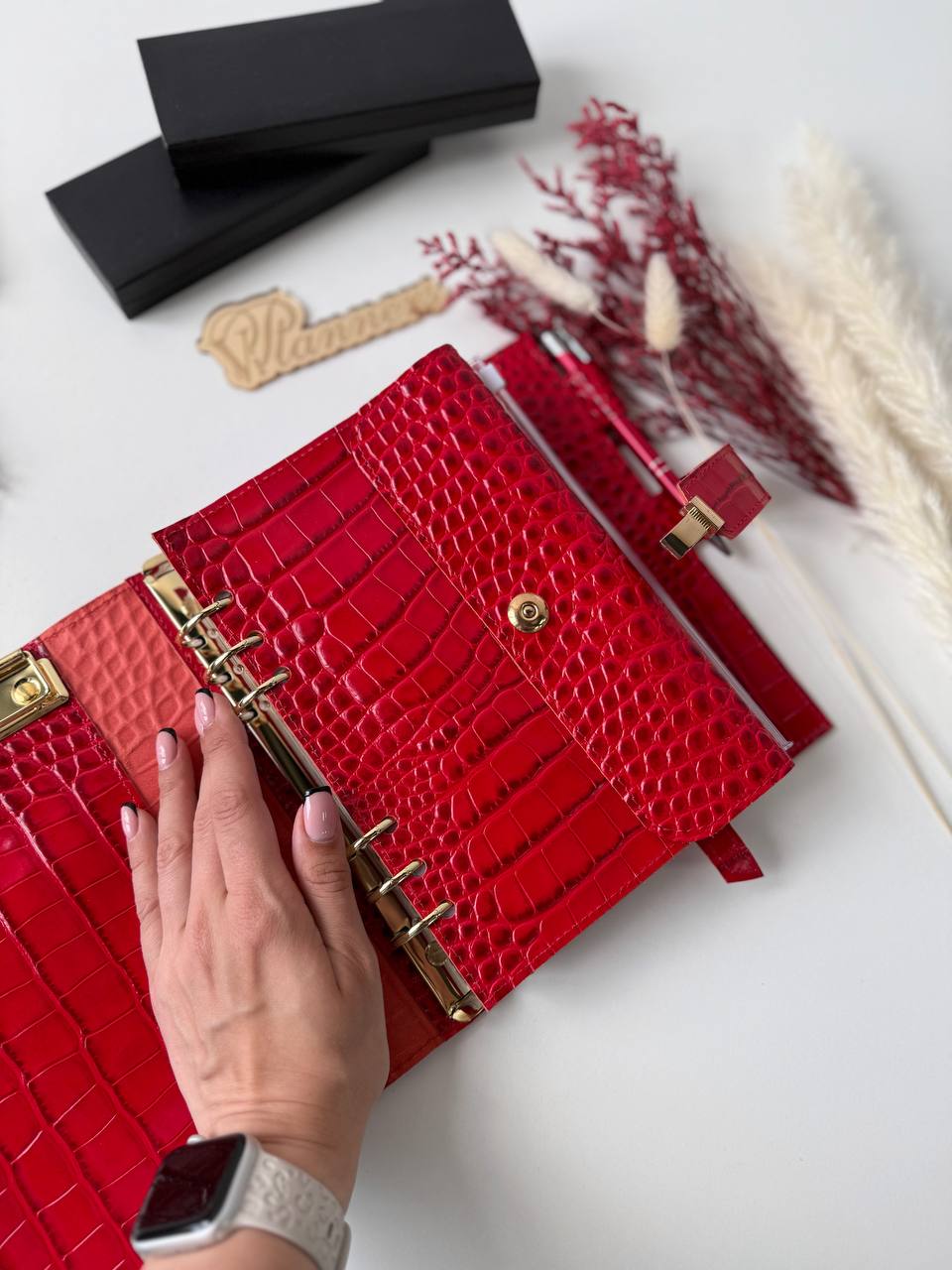 Exclusive red orange color of the Leather Planner A5 big gold binder 6 rings, gift for her, boss gift, office gift, gold planner binder A5