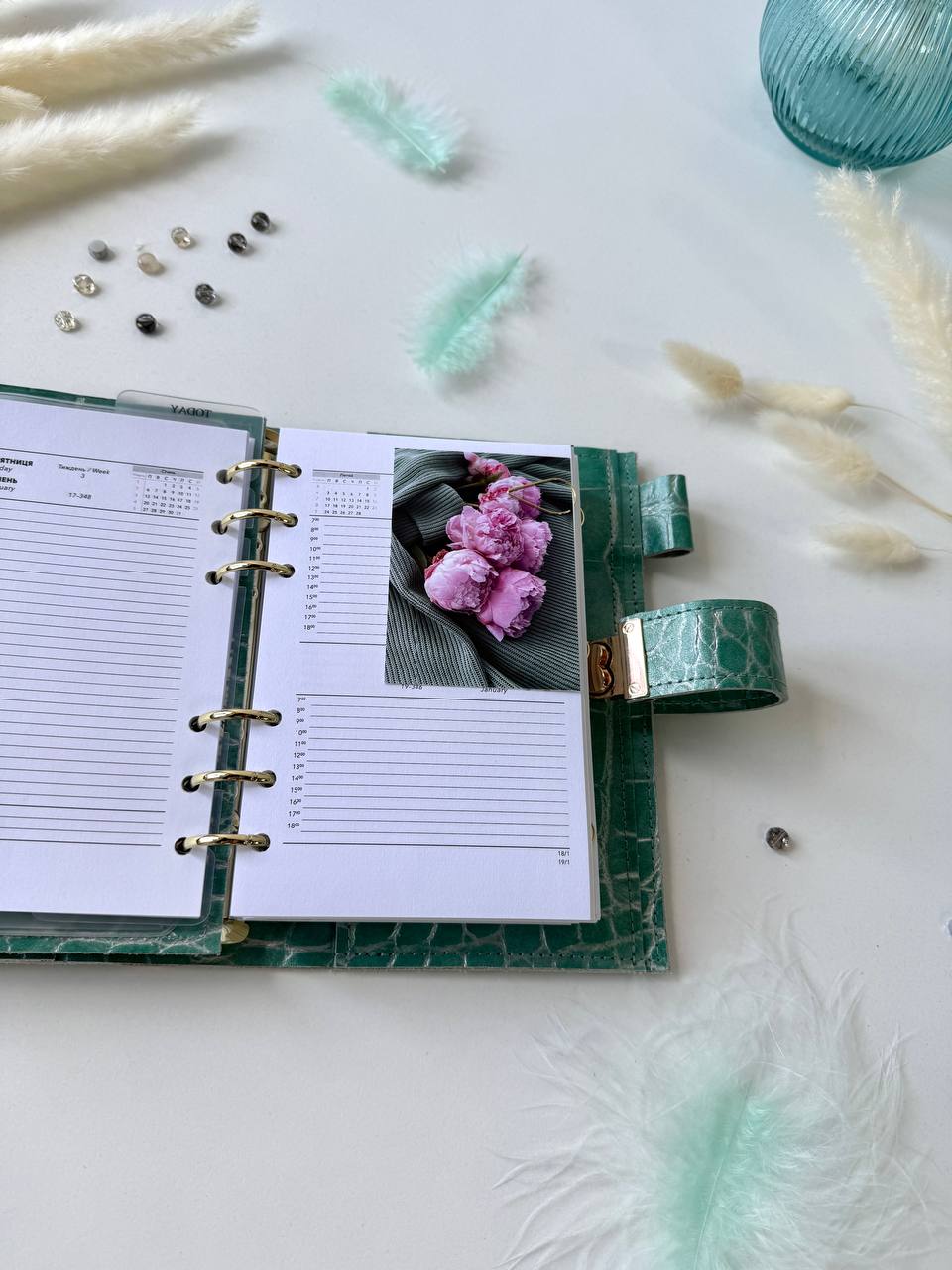 A6 NEW SIZE RARE leather green double planner cover binder 6 rings binder, dated planner, leather planner, gift for her, medium size planner.