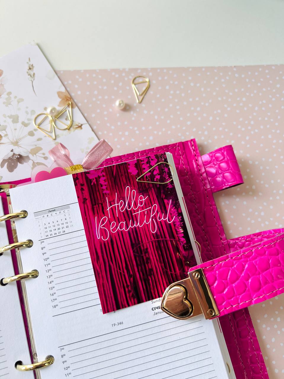 English language A6 NEW SIZE leather hot pink double planner cover binder 6 rings binder, leather planner, gift for her, medium size planner.