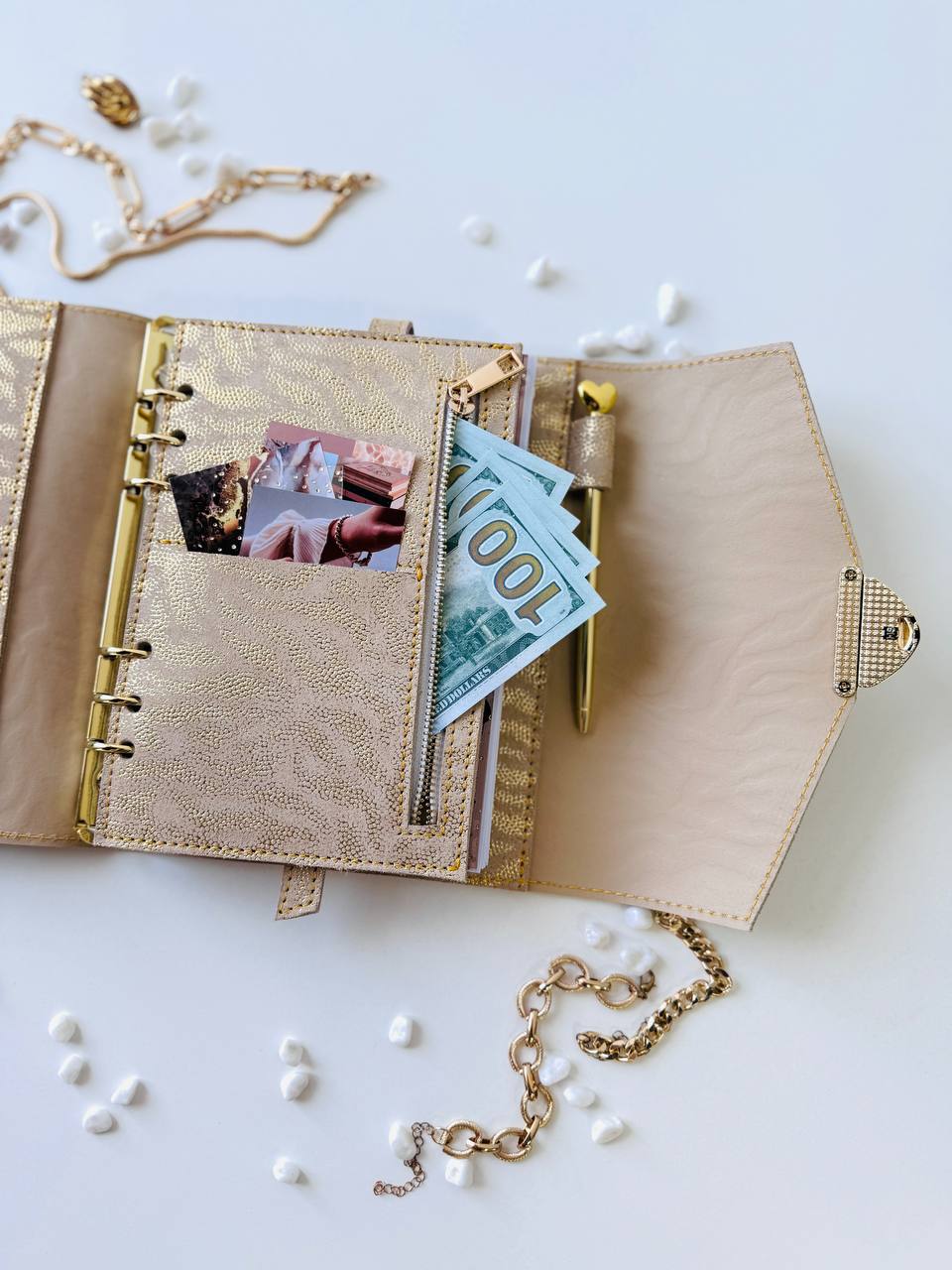 Gold leather binder big 6 rings A5.