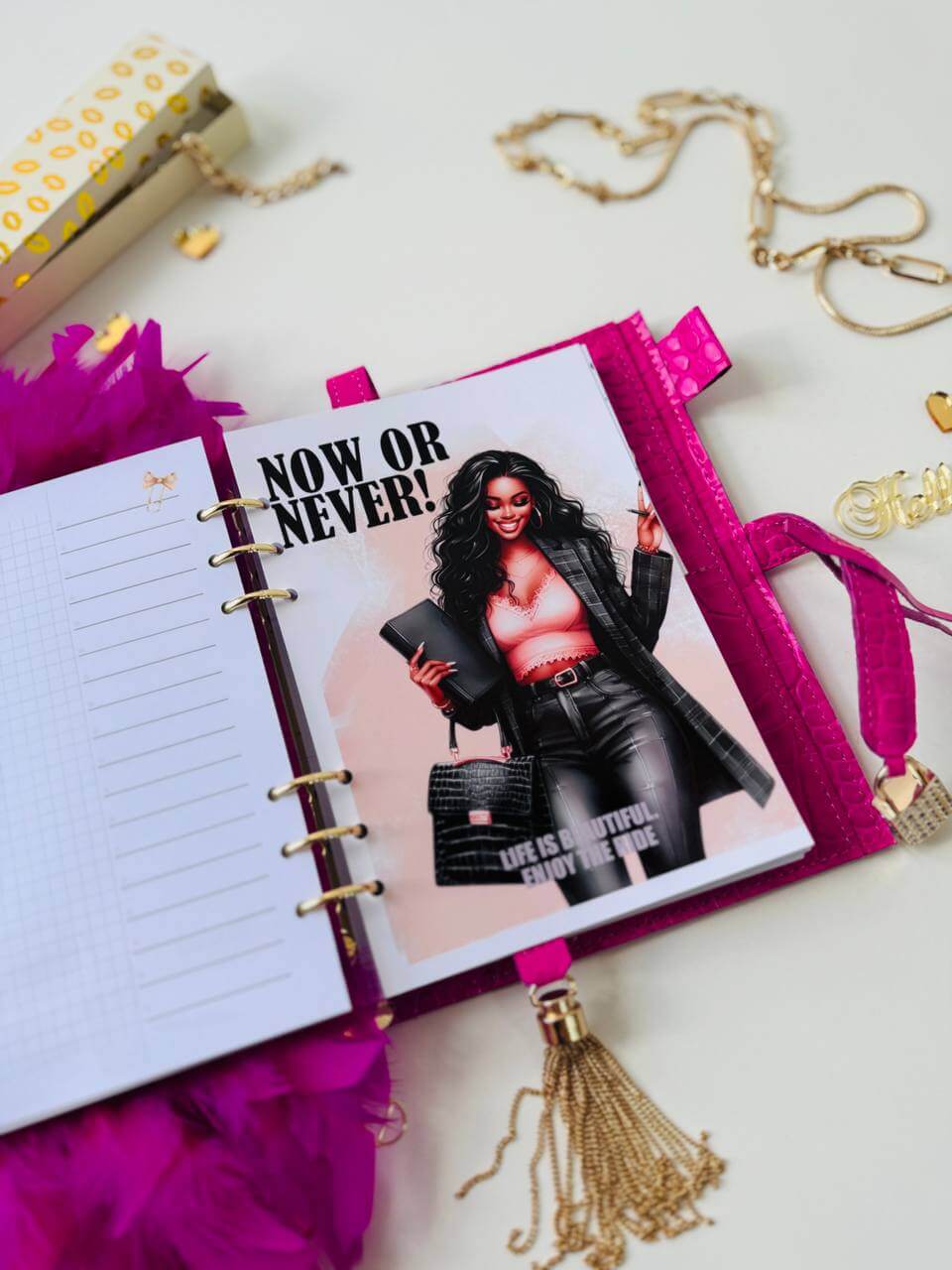 Hot pink leather planner A5 with secret lock in the stones with gifts 🎁