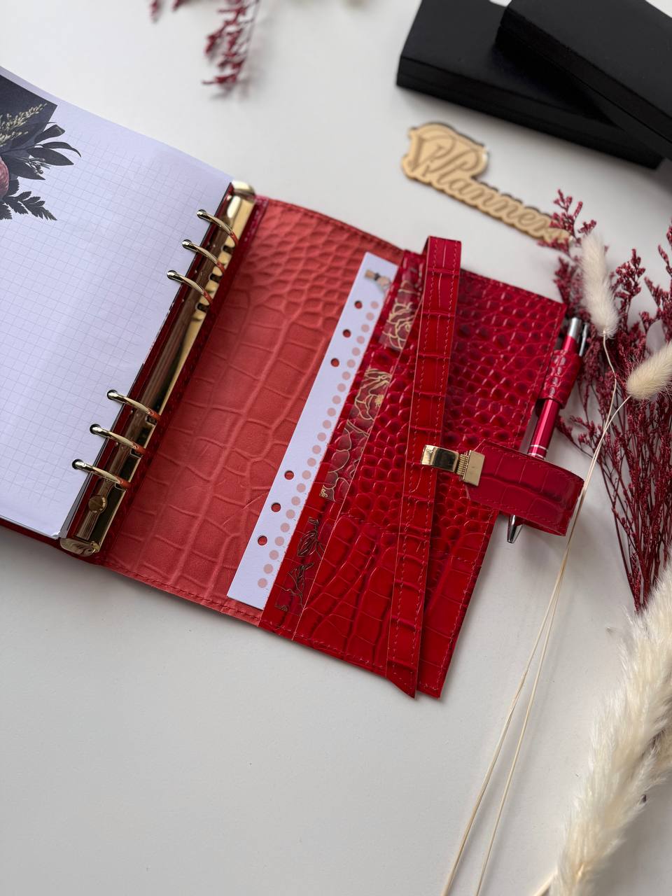 Exclusive red orange color of the Leather Planner A5 big gold binder 6 rings, gift for her, boss gift, office gift, gold planner binder A5