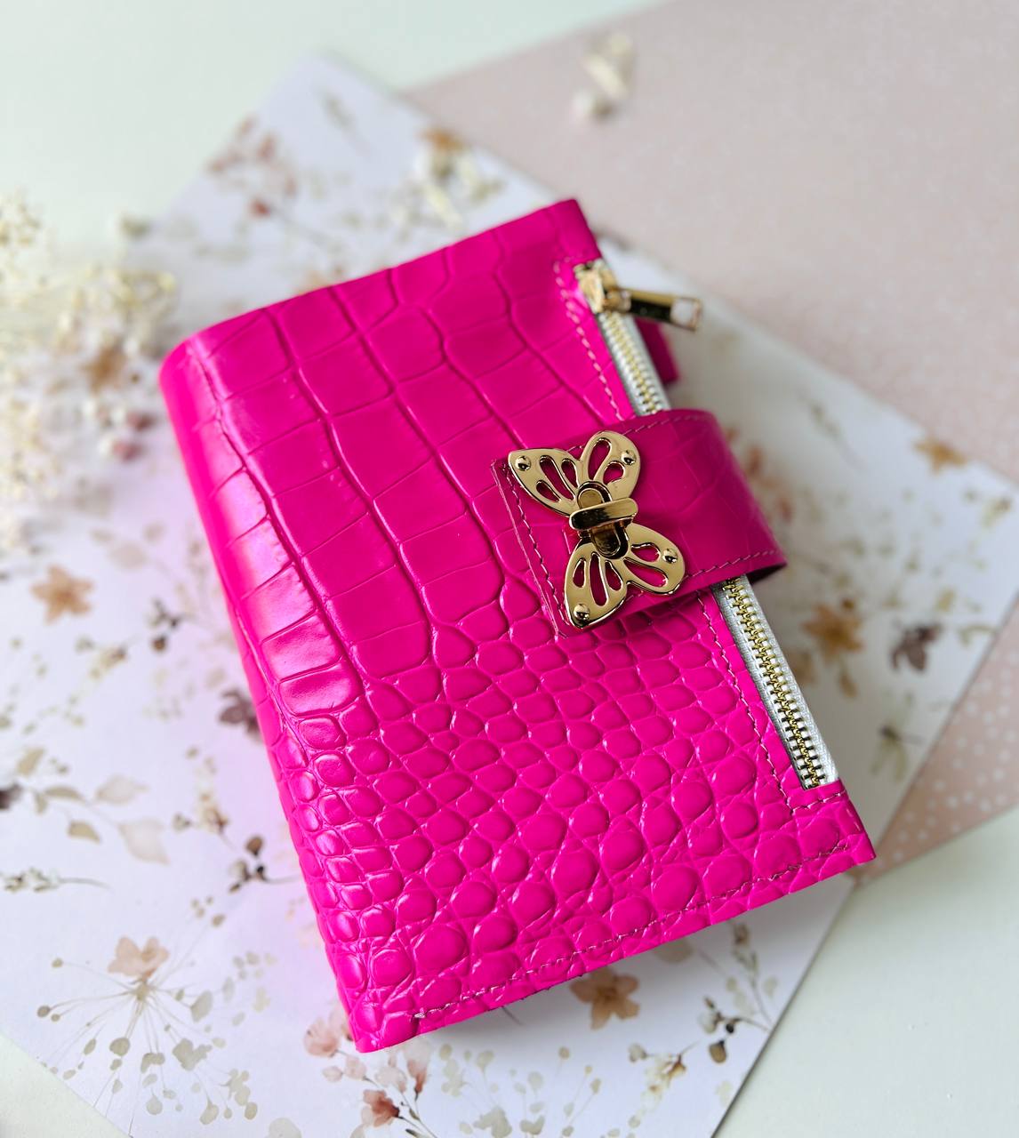 English language A6 NEW SIZE leather hot pink double planner cover binder 6 rings binder, leather planner, gift for her, medium size planner.