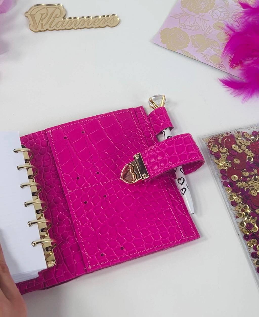 Hot pink leather notebook cover A7 mini wallet organizer 6 big binder rings.