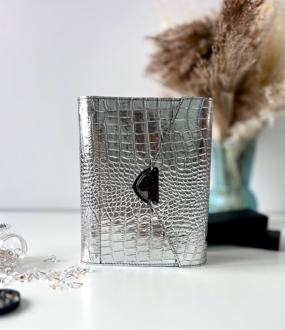 Rare silver leather like a mirror. Perfect leather planner A5.