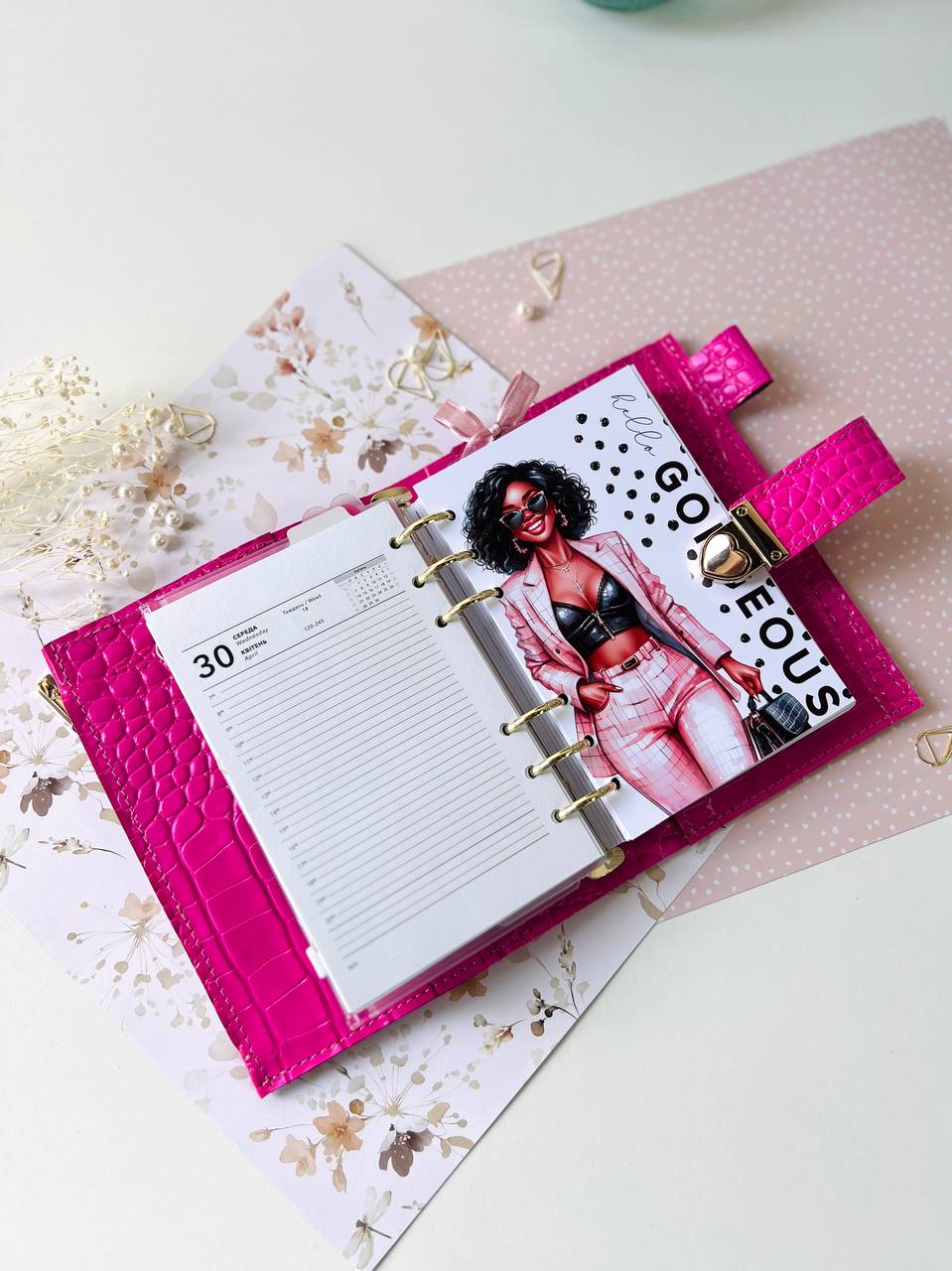 English language A6 NEW SIZE leather hot pink double planner cover binder 6 rings binder, leather planner, gift for her, medium size planner.