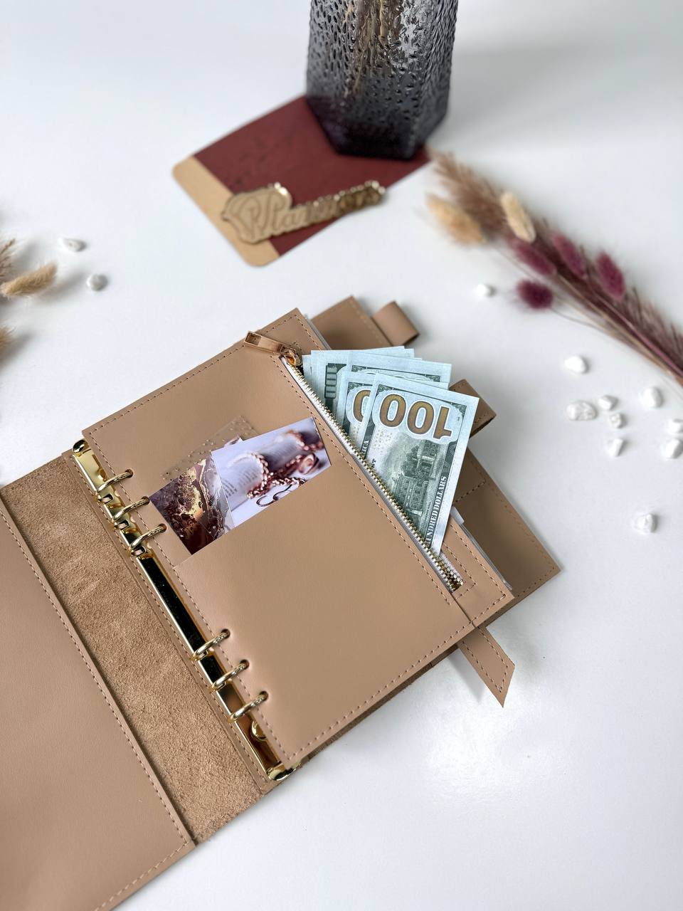 Leather notebook cover. Natural Leather Planner A5,Planner, A5 binder, Leather template, A5 ring binder,Binder a5, planner with bag, gold furniture.