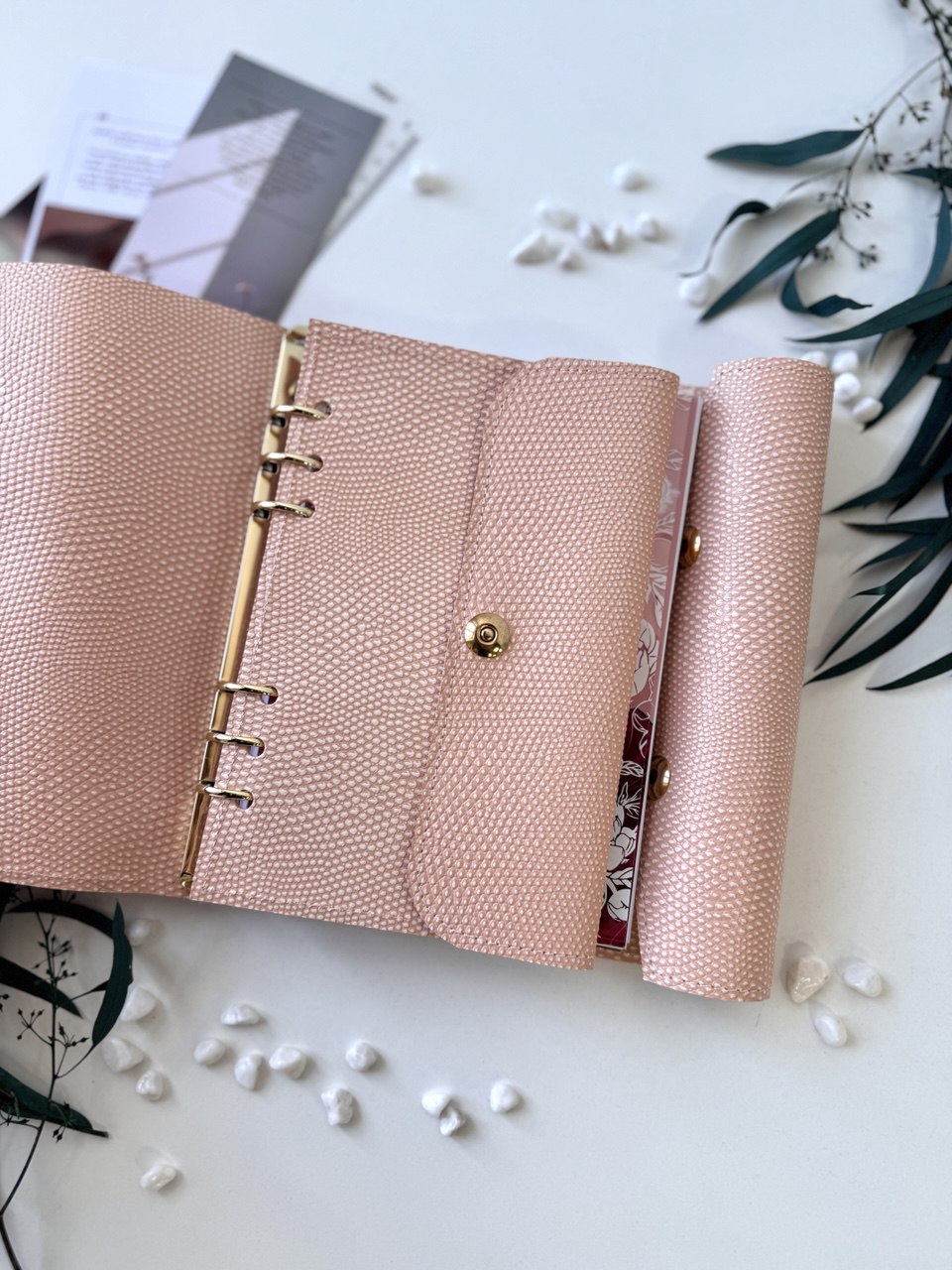 Peach leather notebook cover A5 with big binder.