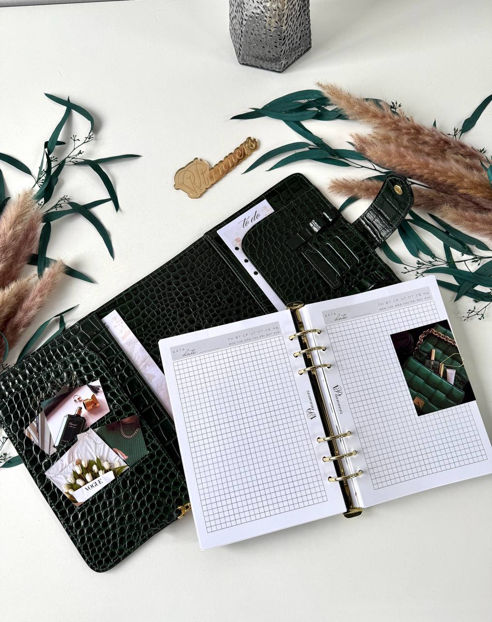 Green Natural Italian Leather Planner A5, gift for her, perfect planner, Ring Planner Agenda A5 Six Ring Planner and Ring Personal Planner.