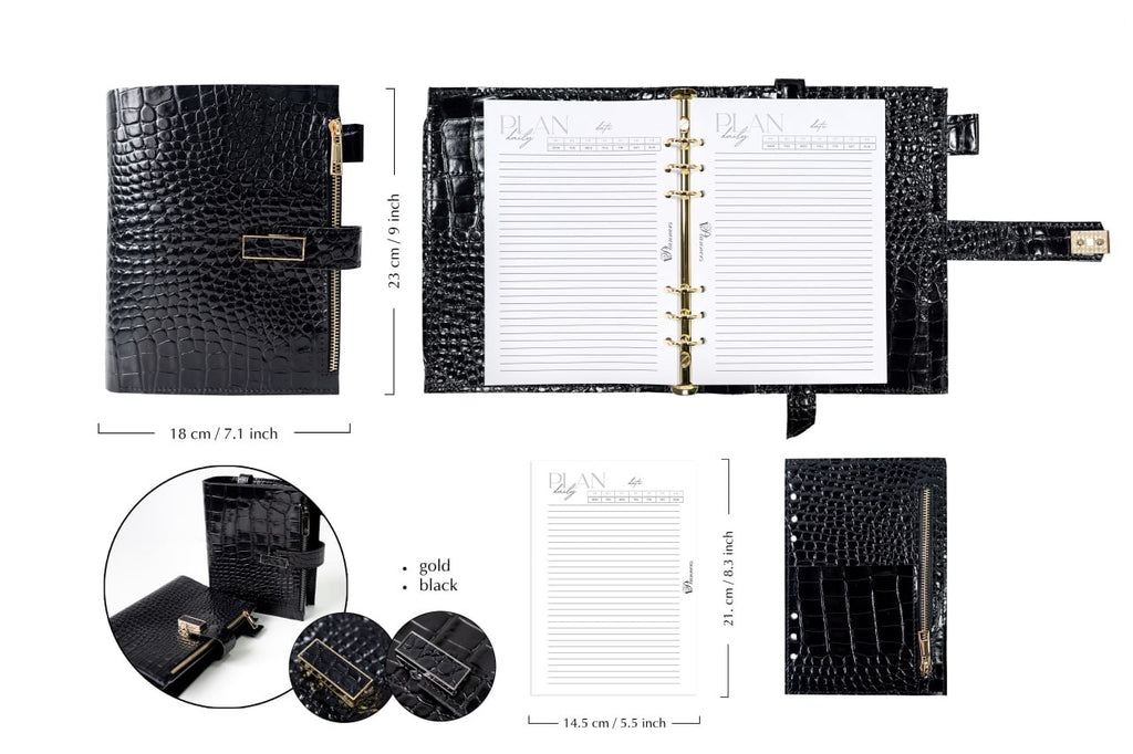 Cyprus, Limassol. Black croco leather notebook cover A5 for documents A4 and A5 format.