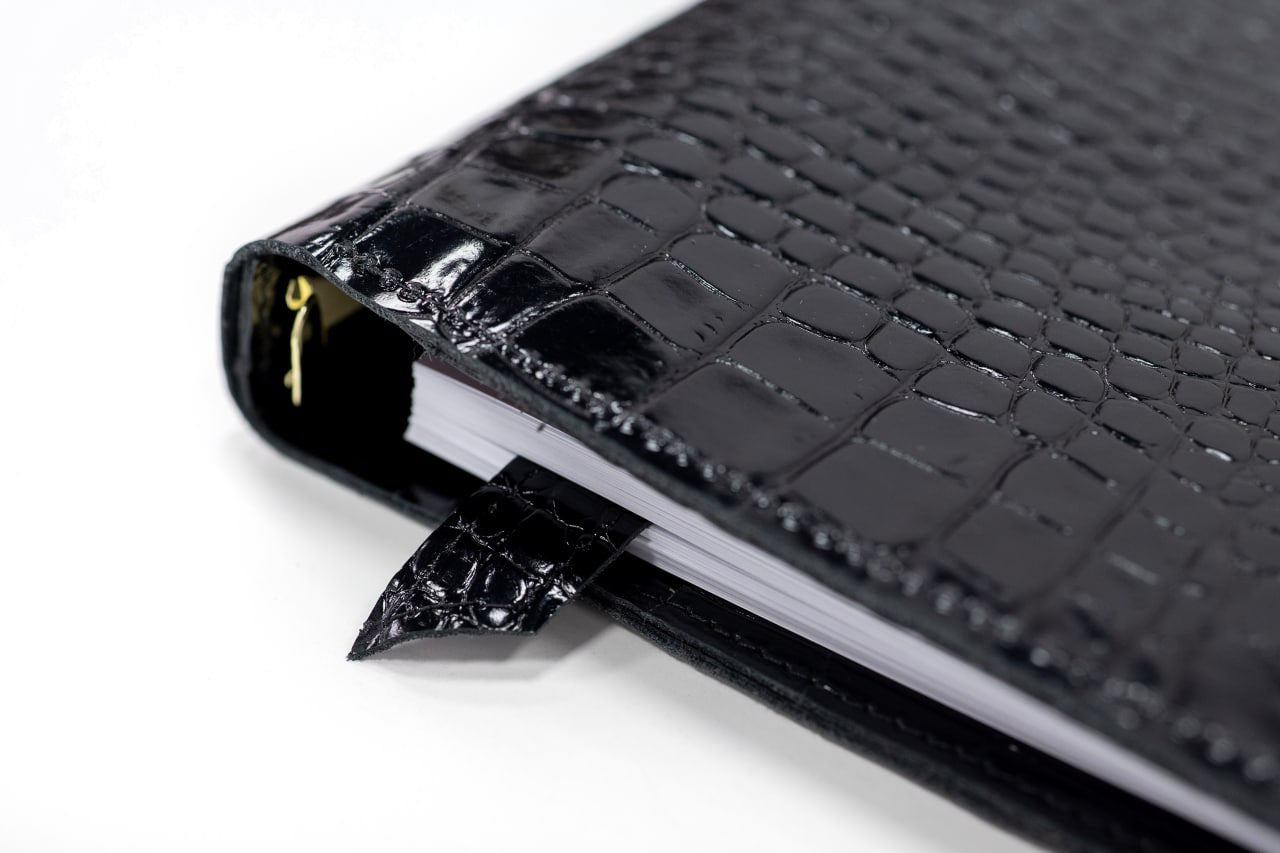 Cyprus, Limassol. Black croco leather notebook cover A5 for documents A4 and A5 format.