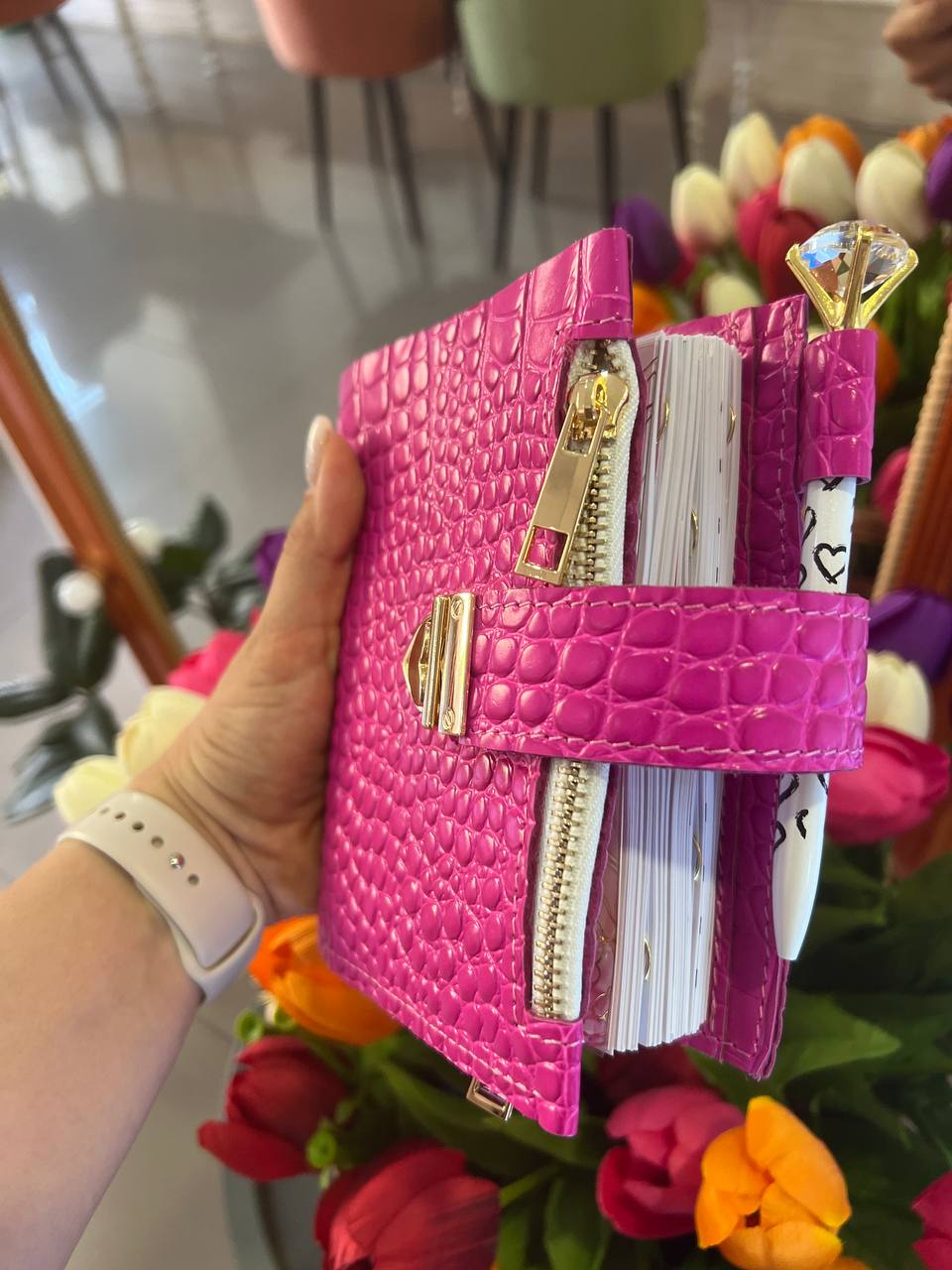 Hot pink leather notebook cover A7 mini wallet organizer 6 big binder rings.