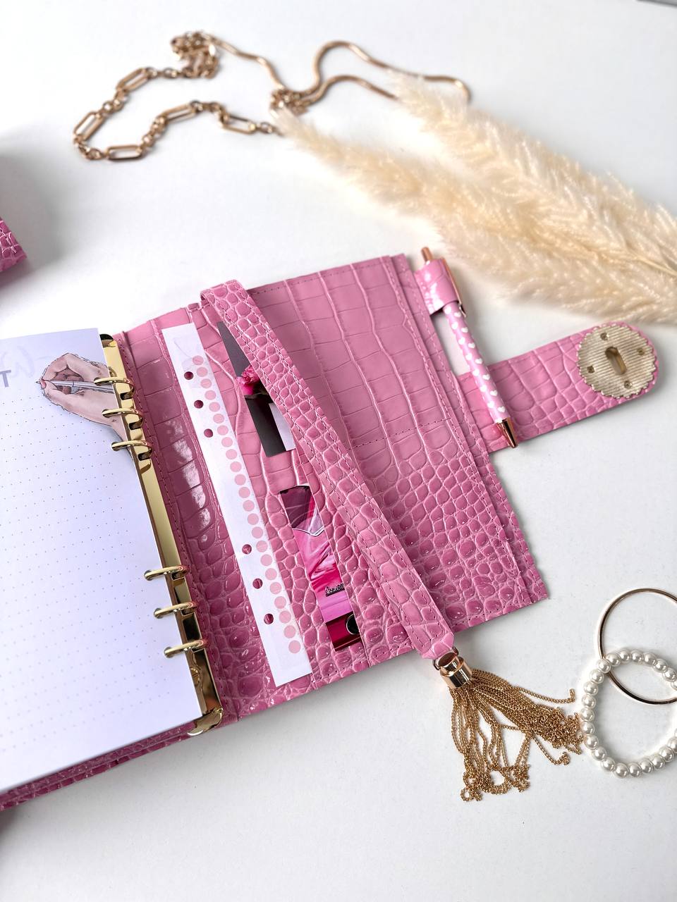 Pink leather gift- planner A5, wallet and pencil case.