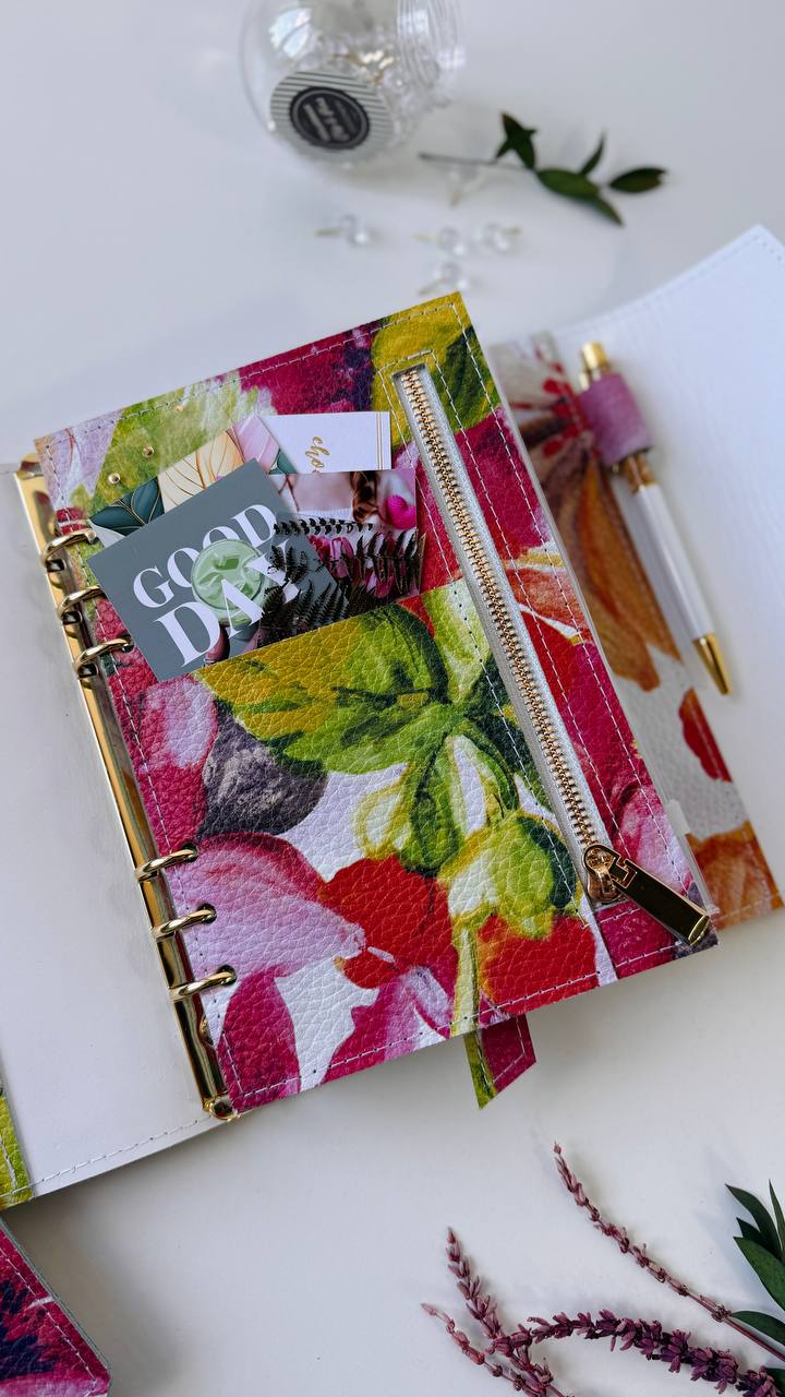 Handcrafted A5 Genuine Leather Floral Planner Binder Set with Matching Pencil Case