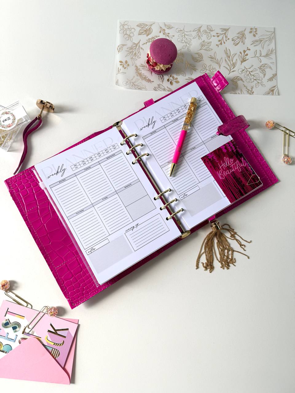 Hot pink leather planner A5 for documents A4 and A5 format. Weekly planning.