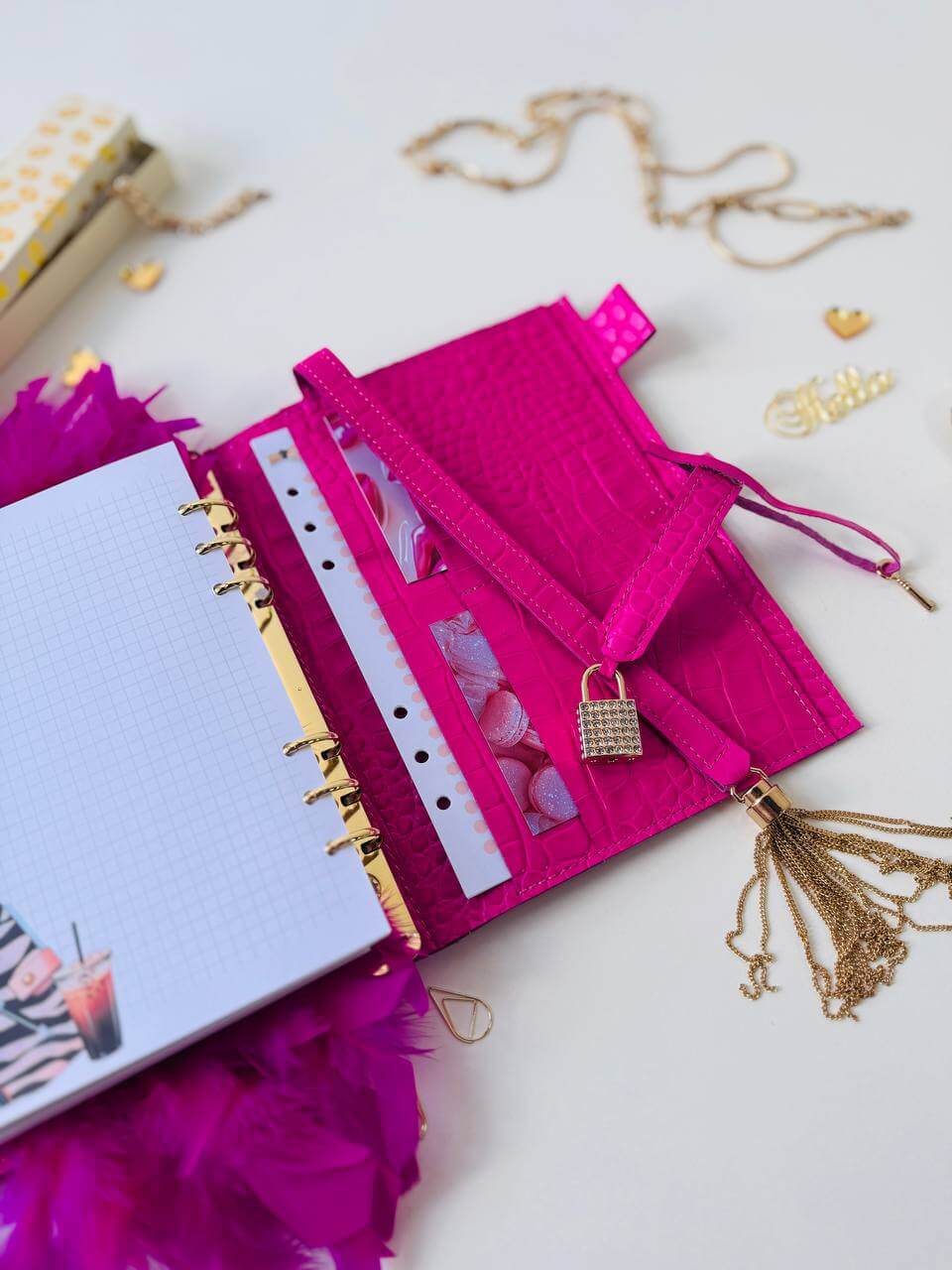 Hot pink leather planner A5 with secret lock in the stones with gifts 🎁