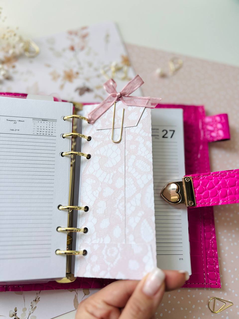 English language A6 NEW SIZE leather hot pink double planner cover binder 6 rings binder, leather planner, gift for her, medium size planner.